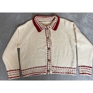 CIDER Cream Knit Button Front Cardigan Sweater Red Trim Collared Womens Medium